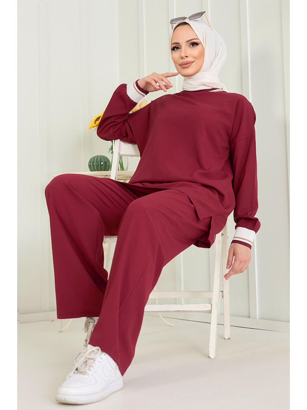 Bisiklet Yaka Kadın Bordo Tunik Pantolon - 11402-3