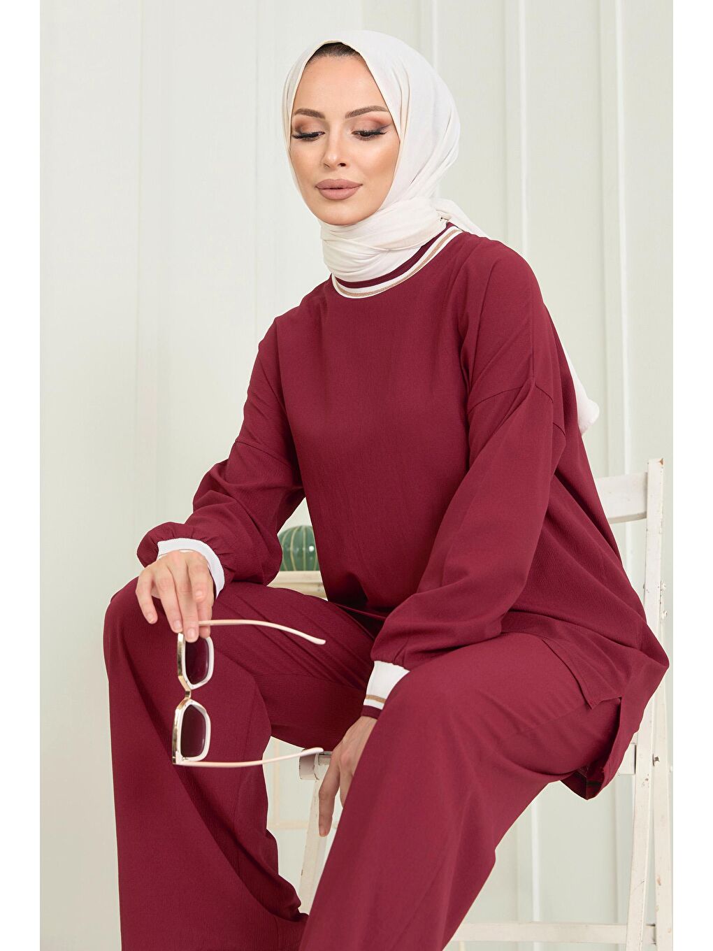 Bisiklet Yaka Kadın Bordo Tunik Pantolon - 11402-4
