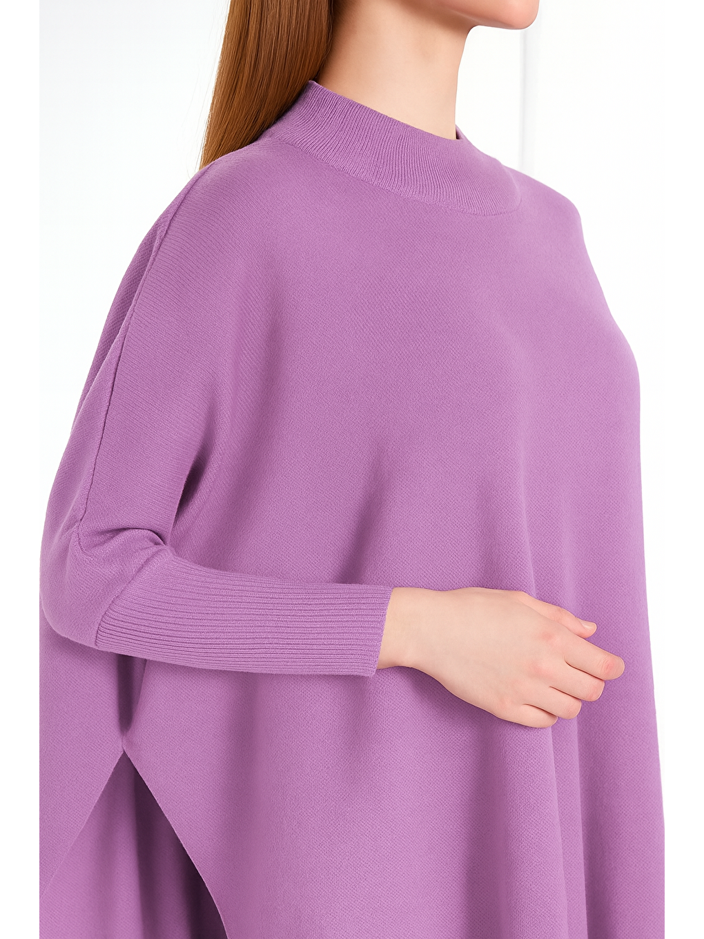 Lila Kadın Yandan Yırtmaçlı Oversize Panço Kazak-3