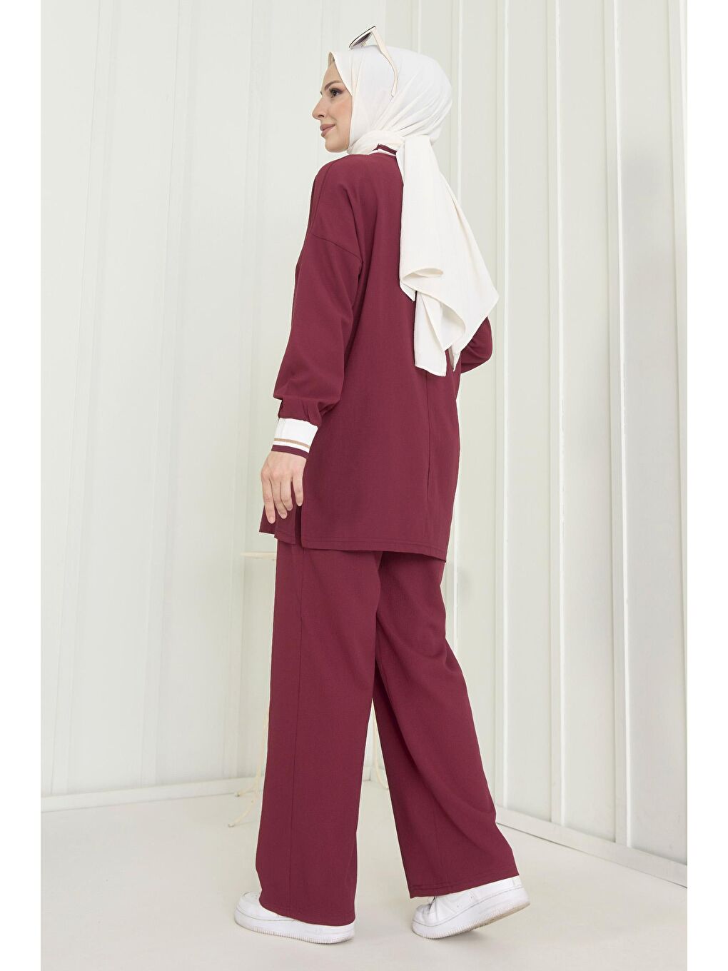 Bisiklet Yaka Kadın Bordo Tunik Pantolon - 11402-5