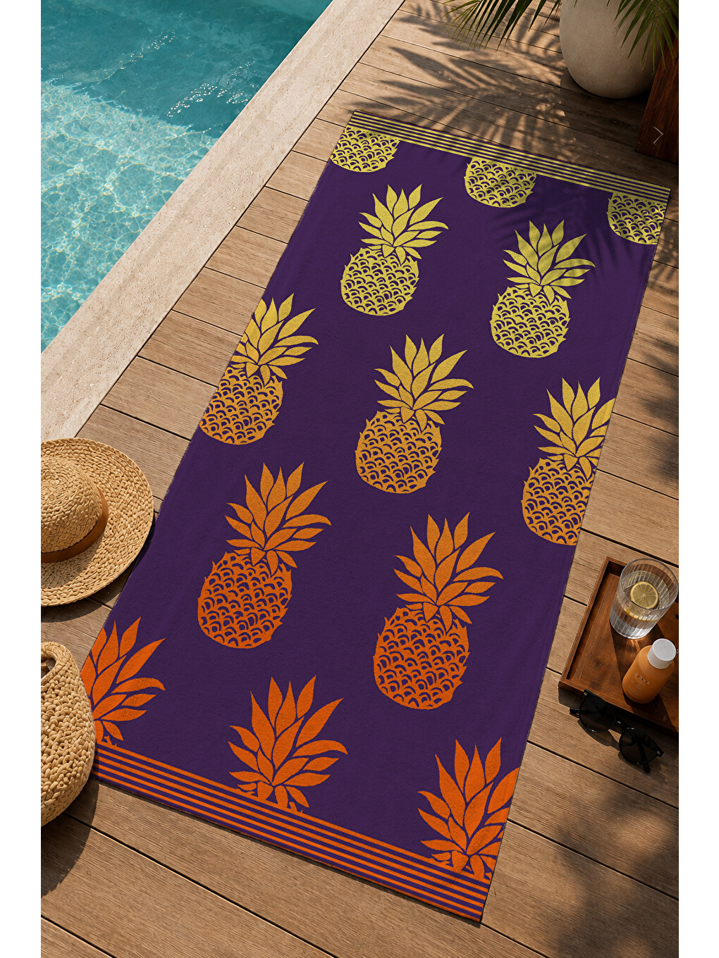 Mor Turuncu Ananas Desenli 70x150 Cm Dijital Baskılı Plaj Ve Banyo Havlusu-2