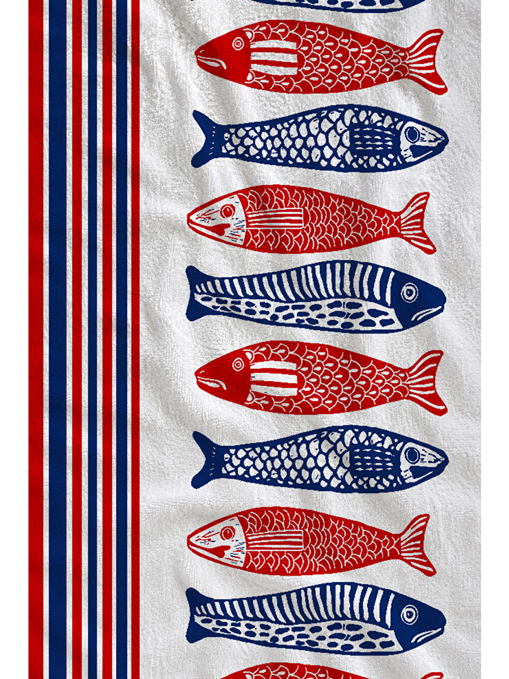 Beyaz Kırmızı Lacivert Çizgili Balık Desenli 70x150 Cm Dijital Baskılı Plaj Ve Banyo Havlusu-1