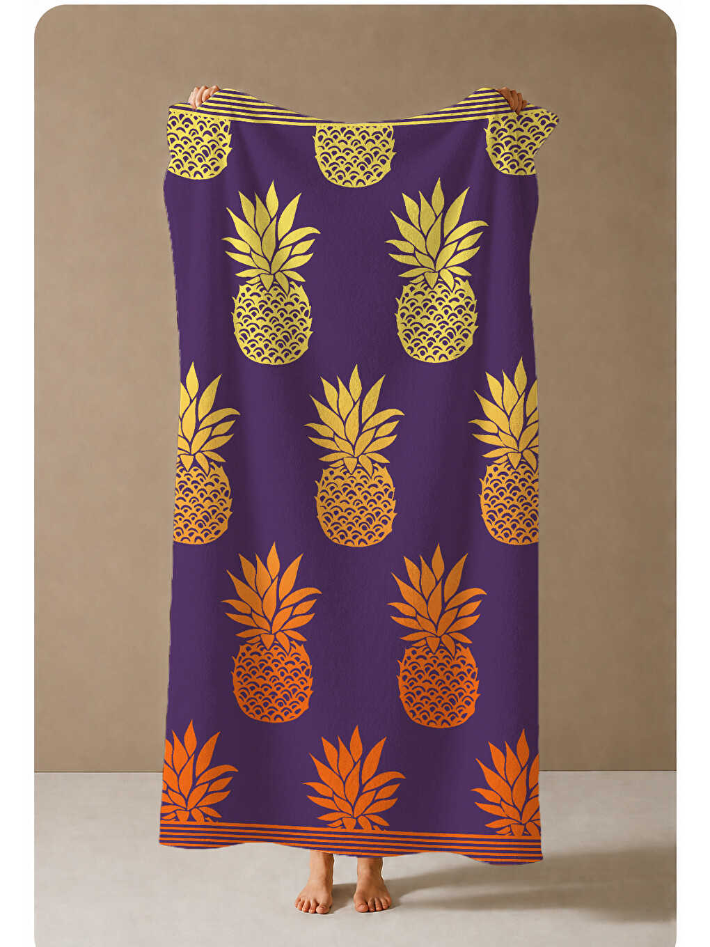 Mor Turuncu Ananas Desenli 70x150 Cm Dijital Baskılı Plaj Ve Banyo Havlusu-3
