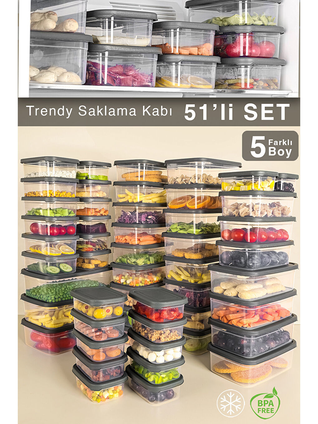 Gri 51'li Dikdörtgen Erzak Saklama Kabı