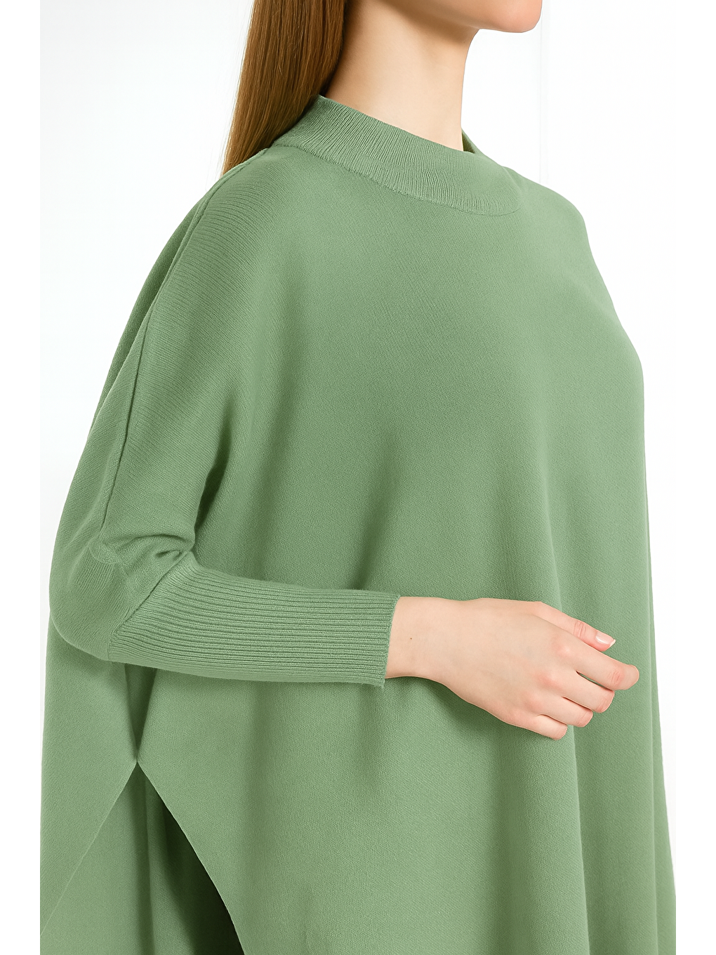 Yeşil Kadın Yandan Yırtmaçlı Oversize Panço Kazak-2