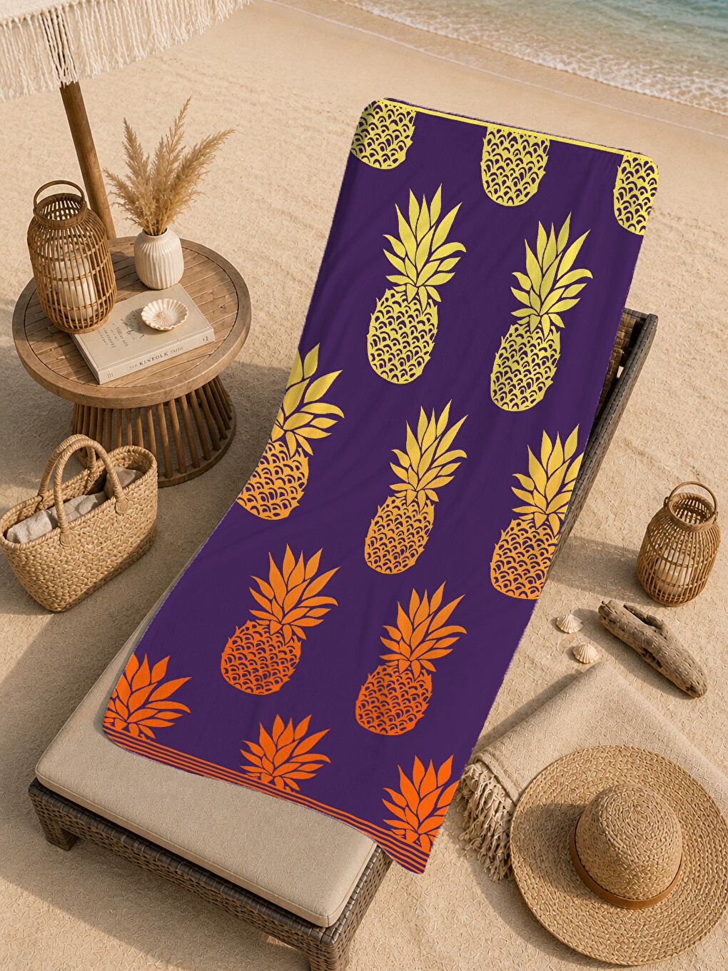 Mor Turuncu Ananas Desenli 70x150 Cm Dijital Baskılı Plaj Ve Banyo Havlusu-4