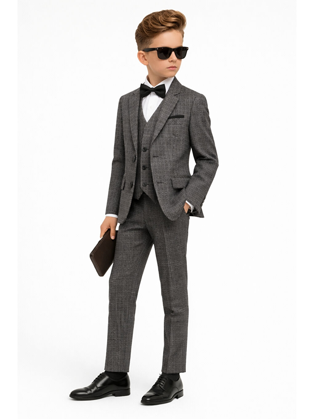 Gri Erkek Çocuk Slim Fit Dokulu Çizgili Klasik Takım Elbise Ak197-198