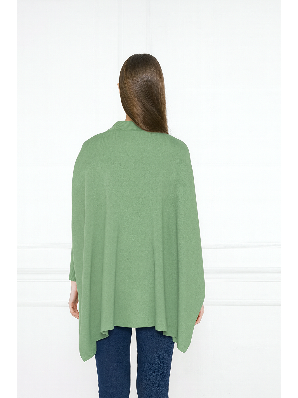 Yeşil Kadın Yandan Yırtmaçlı Oversize Panço Kazak-4