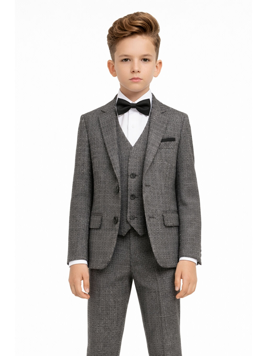 Gri Erkek Çocuk Slim Fit Dokulu Çizgili Klasik Takım Elbise Ak197-198-1