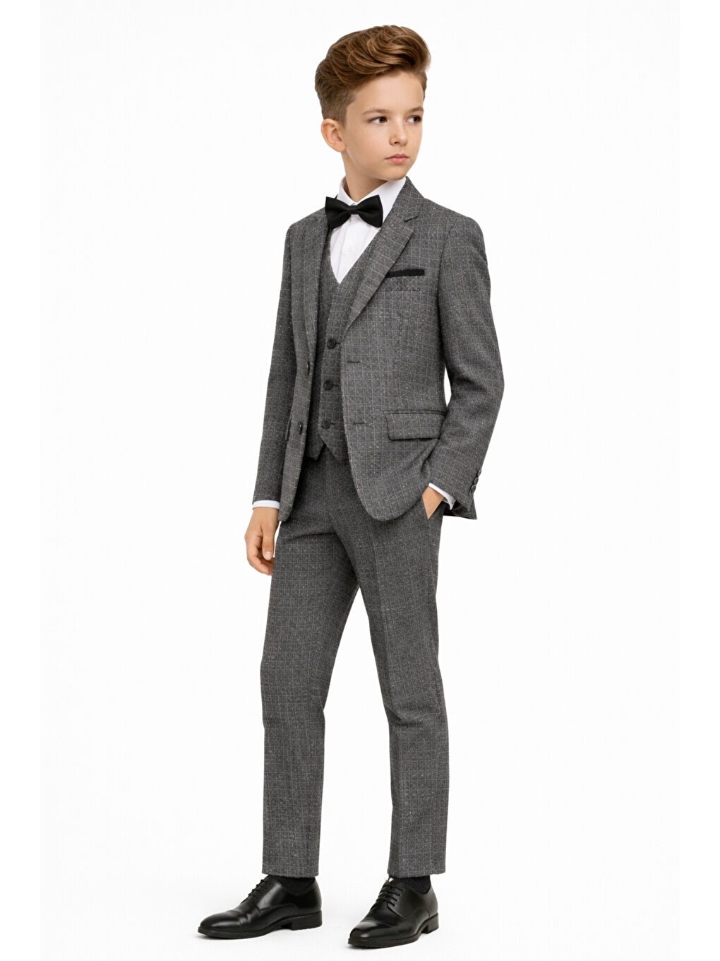 Gri Erkek Çocuk Slim Fit Dokulu Çizgili Klasik Takım Elbise Ak197-198-2