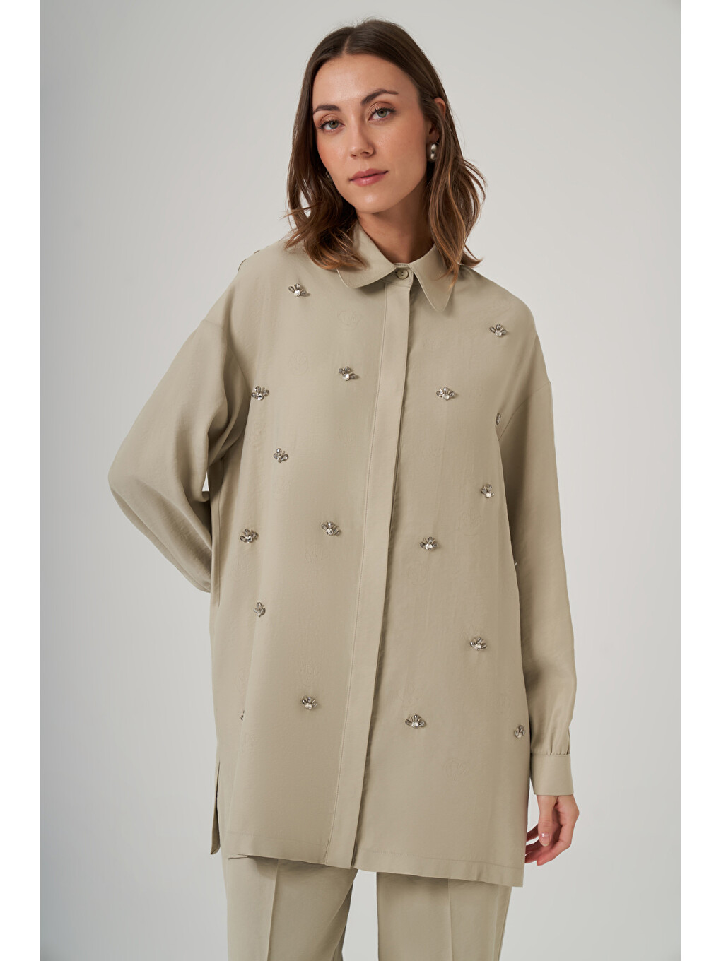 Yeşil Boncuk İşlemeli Tunik Pantolonlu Takım 1064 Gölge Mint-3