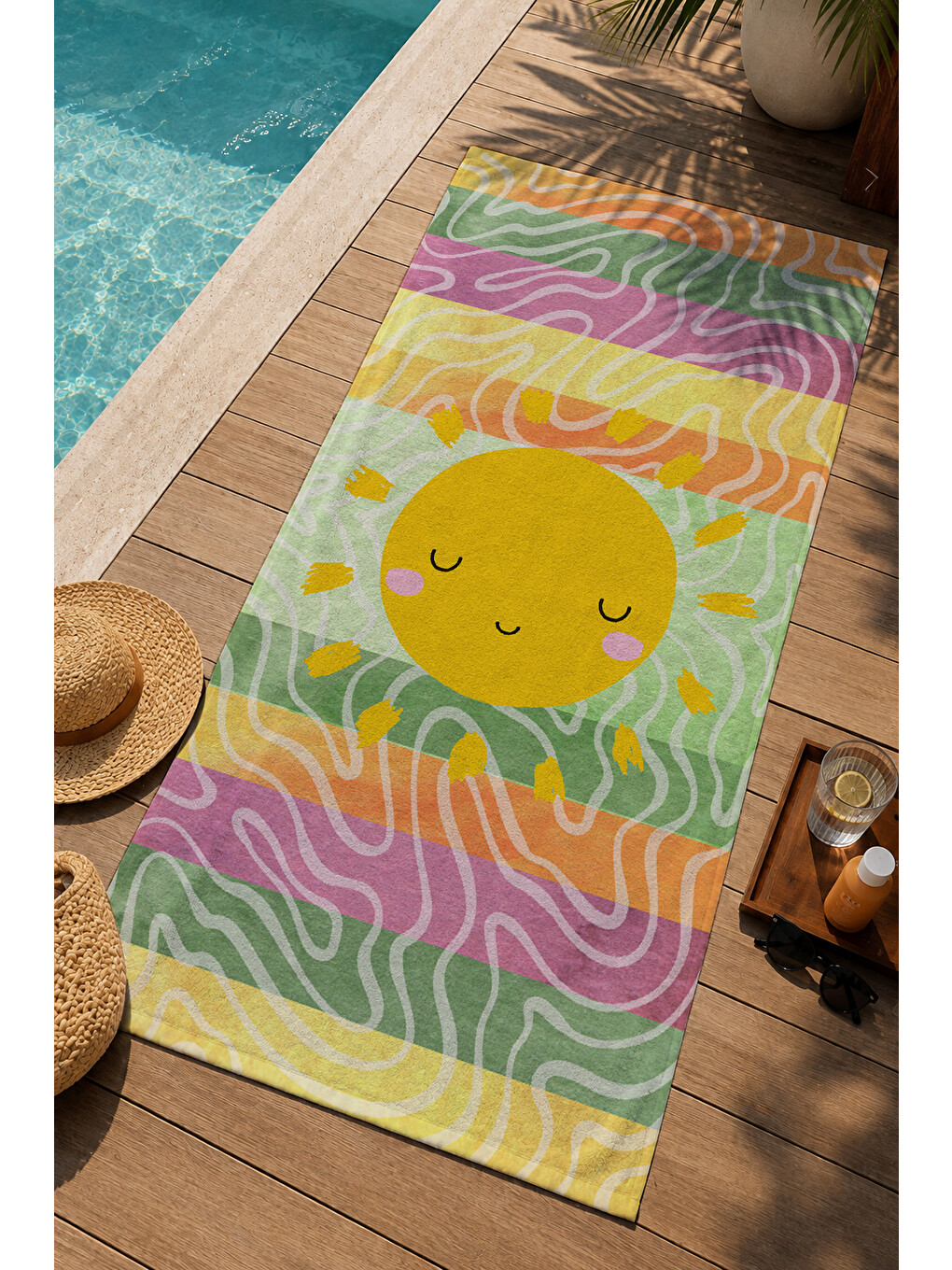 Yeşil Renkli Gülümseyen Güneş Ve Çiçek Desenli 70x150 Cm Dijital Baskılı Plaj Ve Banyo Havlusu-2