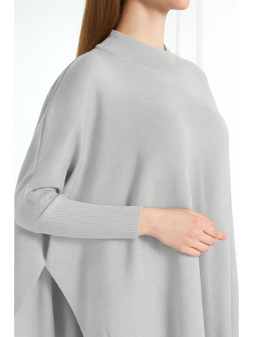 Gri Kadın Yandan Yırtmaçlı Oversize Panço Kazak-2
