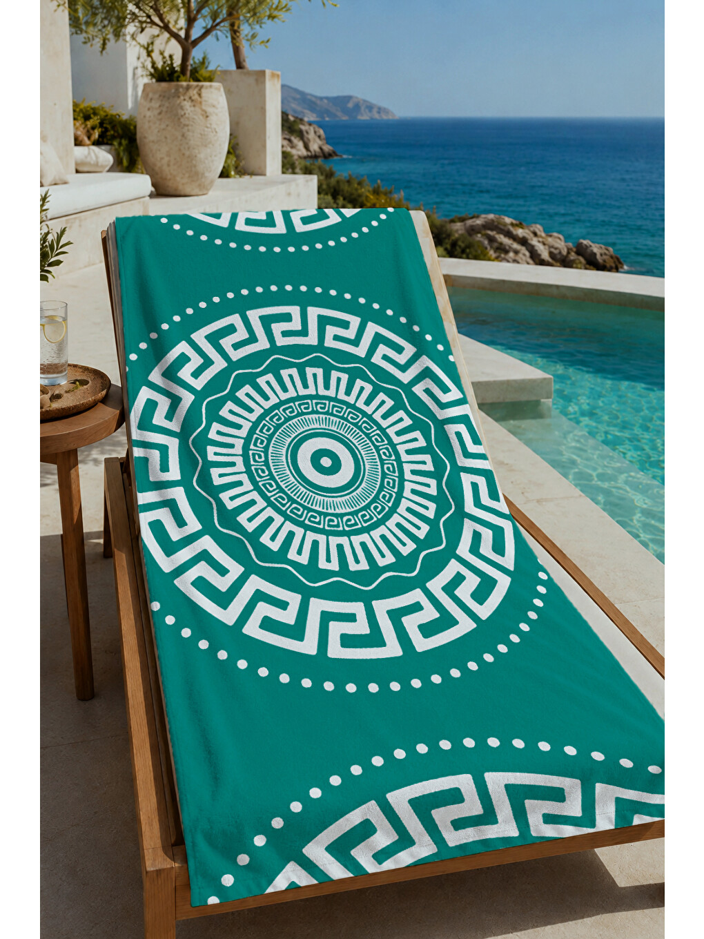 Turkuaz Beyaz Yunan Anahtarı Mandala Desenli 70x150 Cm Dijital Baskılı Plaj Ve Banyo Havlusu