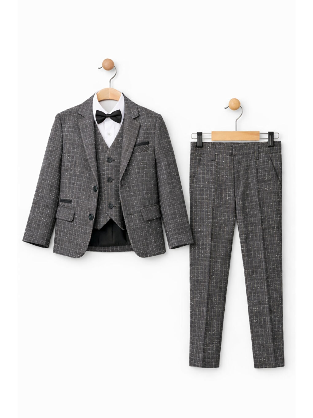 Gri Erkek Çocuk Slim Fit Dokulu Çizgili Klasik Takım Elbise Ak197-198-4