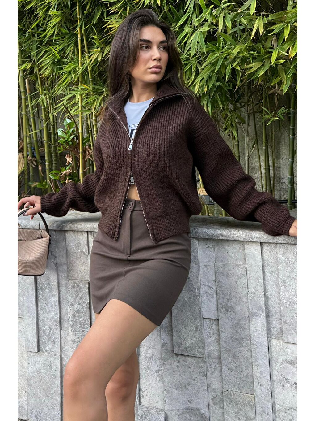 Kahverengi Çift Fermuarlı Kadın Triko Hırka Mg2532-4