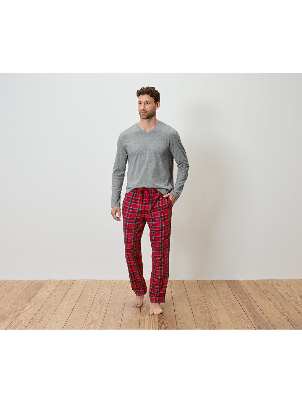 Erkek Pijama Takımı, Flanel, Gri/Kareli