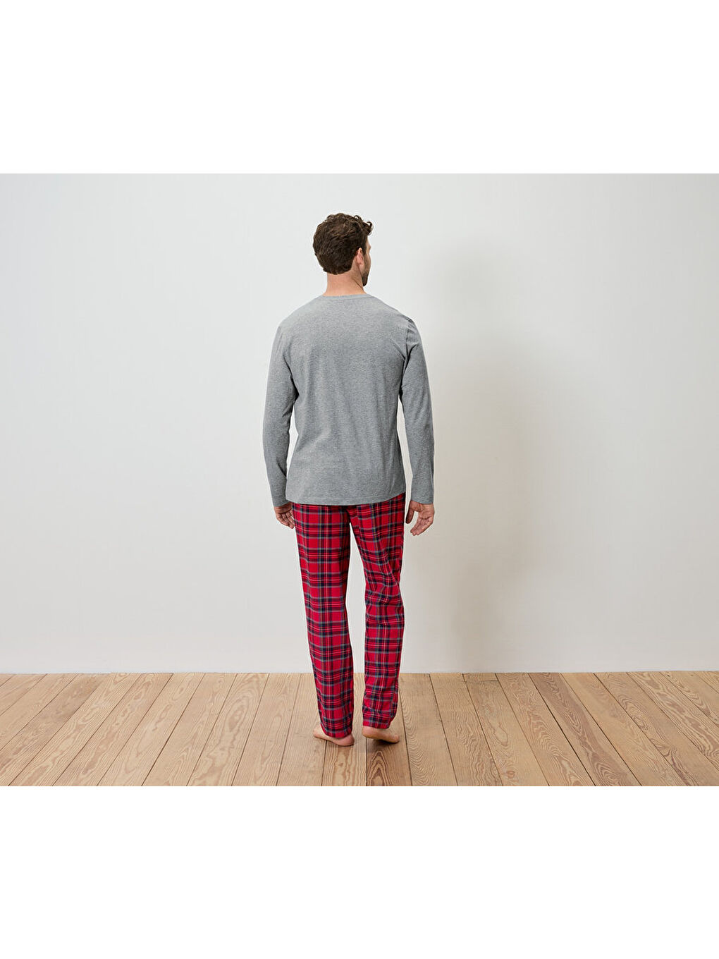 Erkek Pijama Takımı, Flanel, Gri/Kareli-1