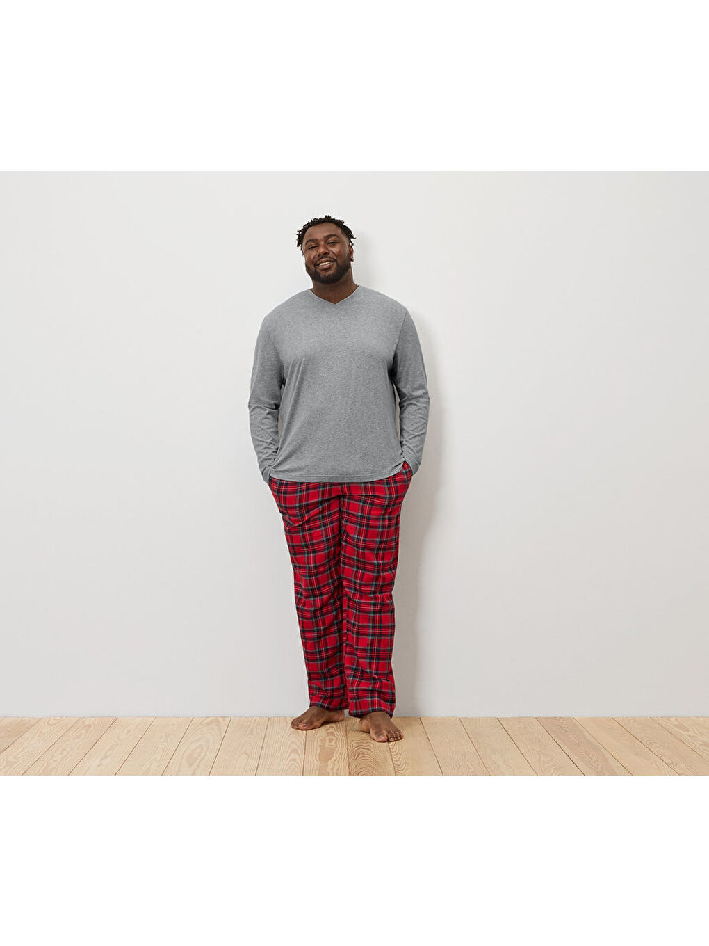 Erkek Pijama Takımı, Flanel, Gri/Kareli-2