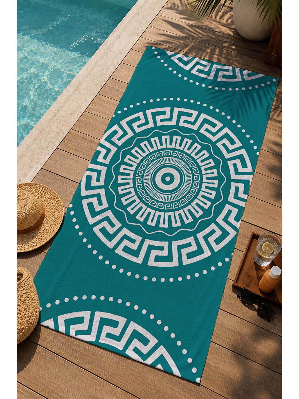 Turkuaz Beyaz Yunan Anahtarı Mandala Desenli 70x150 Cm Dijital Baskılı Plaj Ve Banyo Havlusu-2