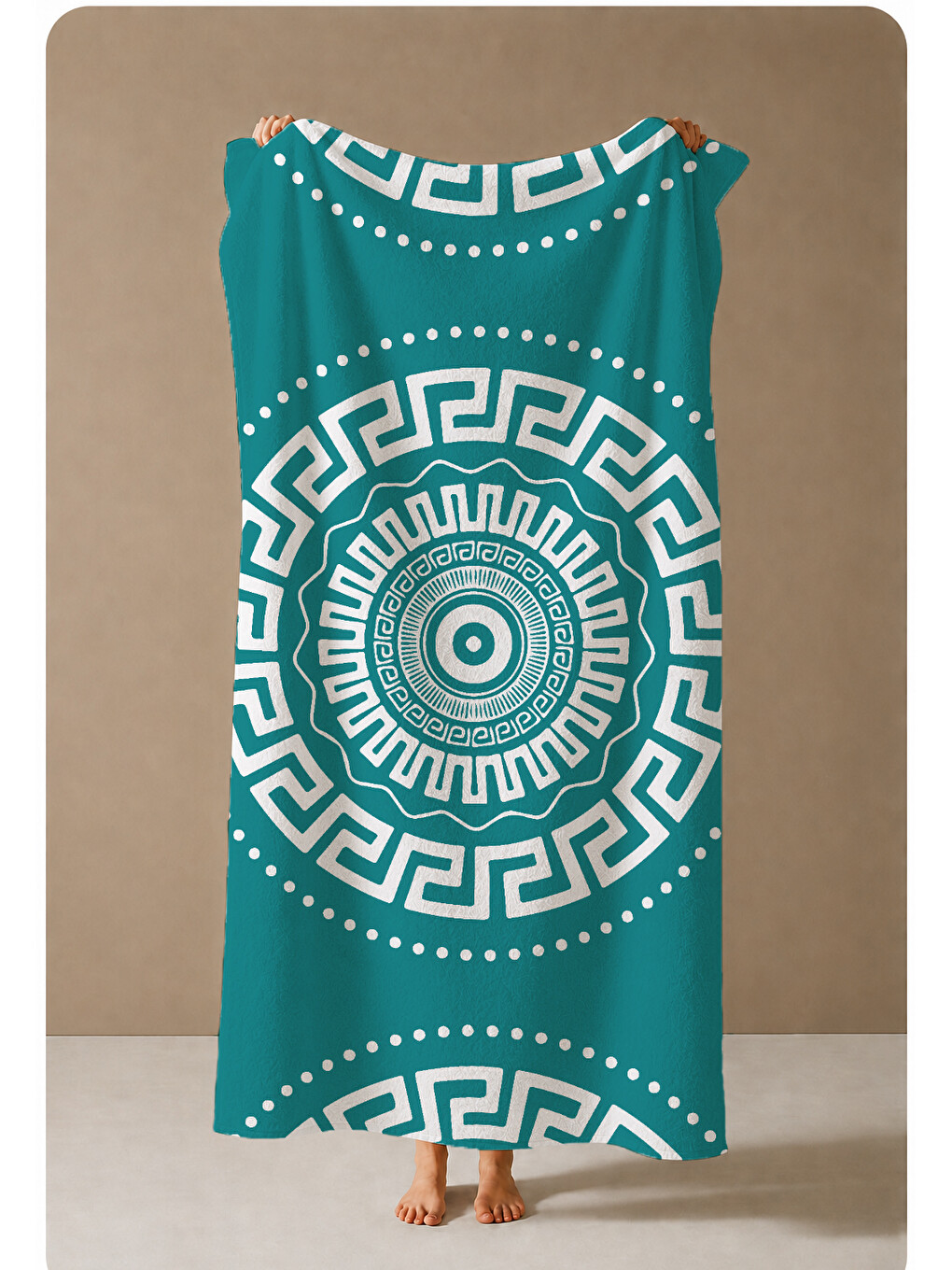 Turkuaz Beyaz Yunan Anahtarı Mandala Desenli 70x150 Cm Dijital Baskılı Plaj Ve Banyo Havlusu-3