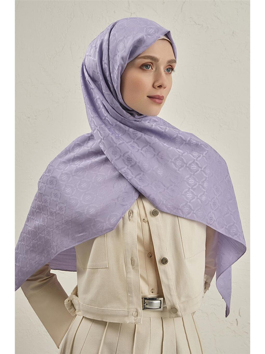 Lila Pamuk Floş Monogram Zincir Şal 1 44-2