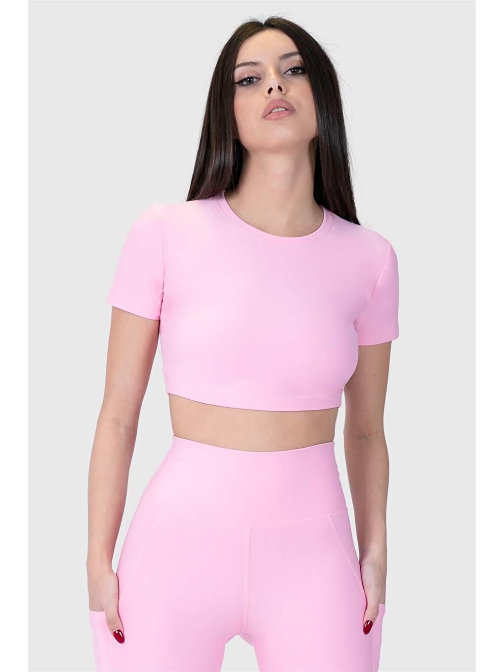 Superstacy Pembe Kısa Kol Spor Pembe Crop Top