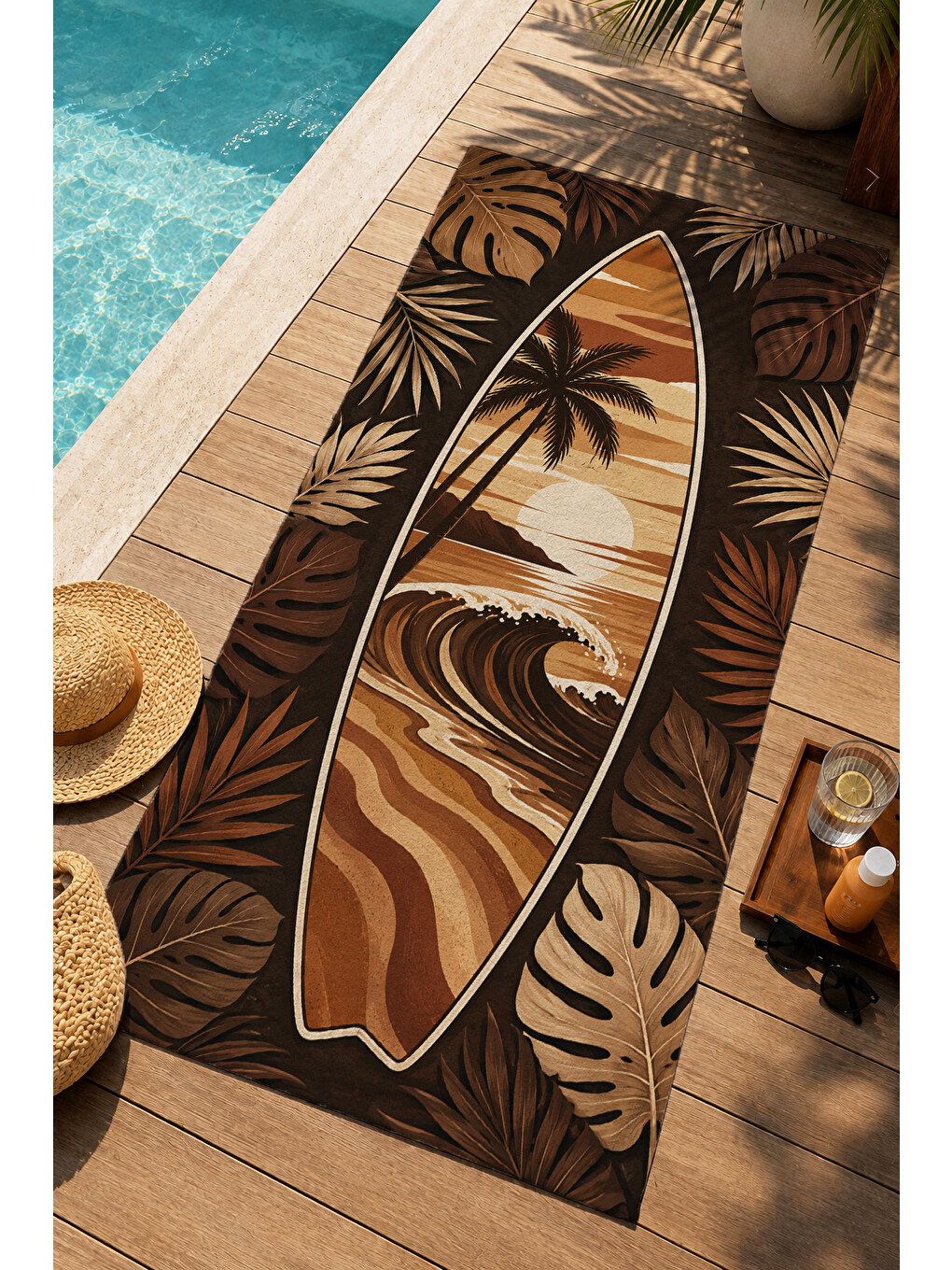Kahverengi Retro Kahve Palmiye Ve Dalga Desenli 70x150 Plaj Havlusu - Dijital Baskılı Solmaz Banyo Havlusu