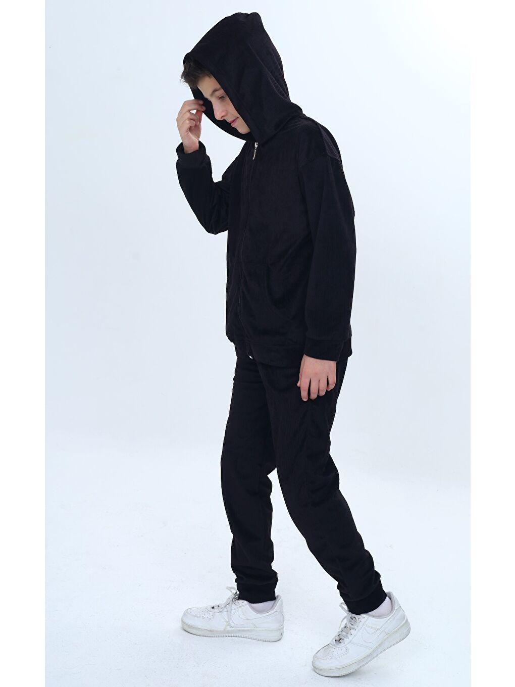 Siyah Erkek Çocuk 2'li Takım Kapüşonlu Fermuarlı Sweatshirt & Beli Paçası Lastikli Jogger Eşofman Altı - K-2