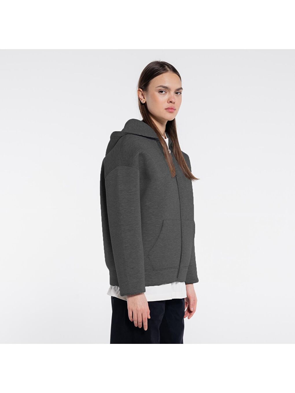 Panda Kadın Antrasit Melanj Kanguru Cepli Kapüşonlu Ekstra Oversize Sweatshirt Hoodie - Scuba Kumaş-2