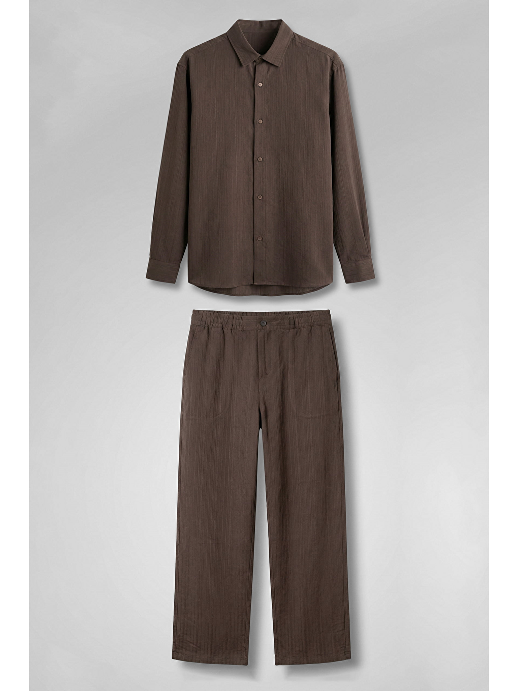 Erkek Baggy Çizgili %100 Pamuk Gömlek Pantolon İkili Takım Kahverengi