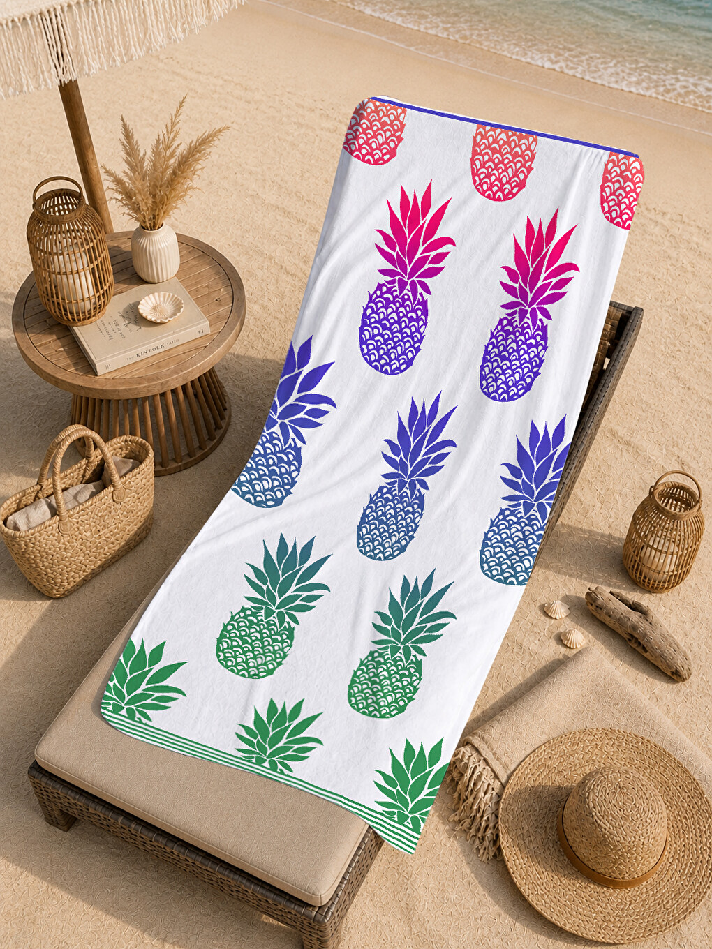 Beyaz Zemin Renkli Ananas Desenli 70x150 Cm Dijital Baskılı Plaj Ve Banyo Havlusu-4