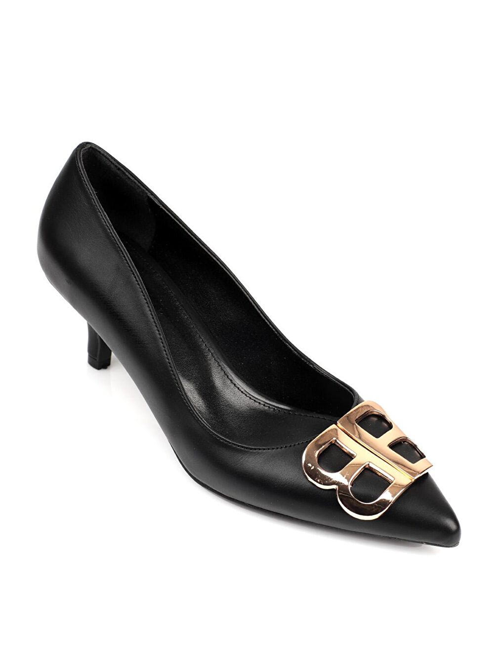 Siyah Orta Topuklu BB  Tokalı Sivri  Burunlu Stiletto