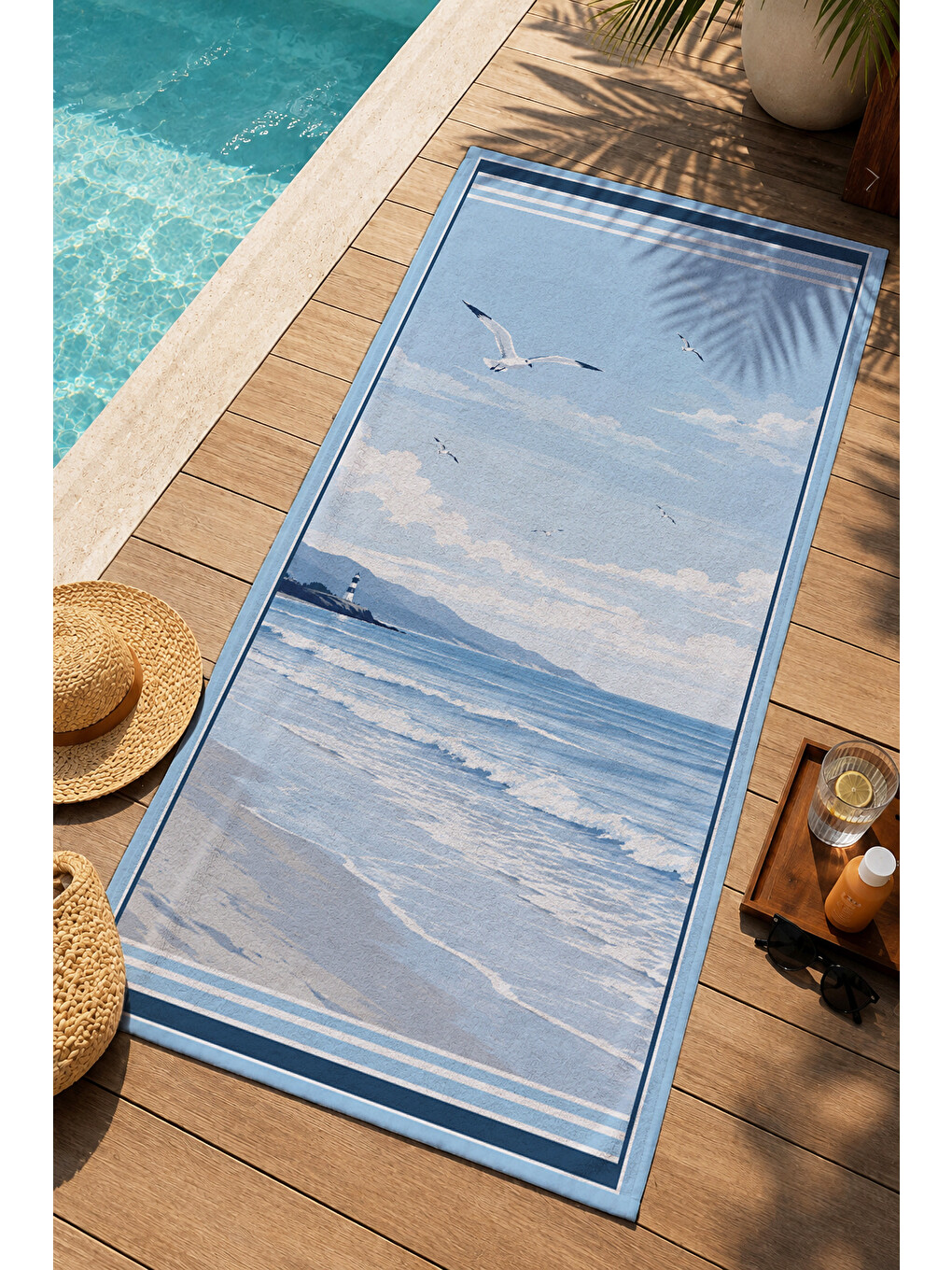 Minimal Sakin Mavi Deniz Ufku Martı Ve Dalga Desenli 70x150 Plaj Havlusu - Pamuklu Banyo Havlusu