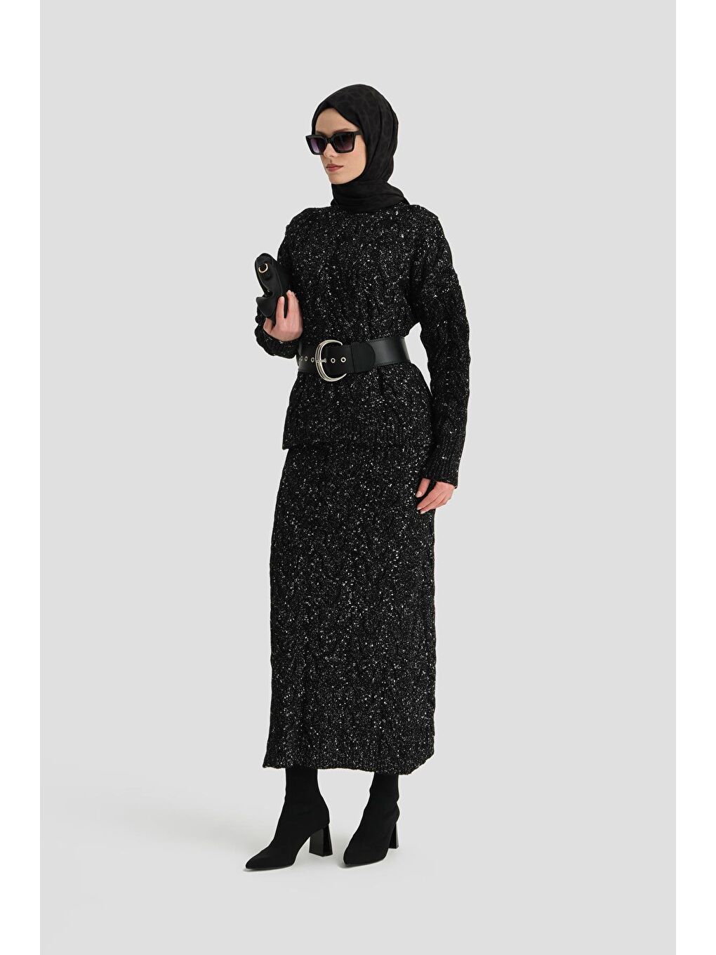 Saç Örgülü Simli Triko Takım 24Kd4207 Siyah-1