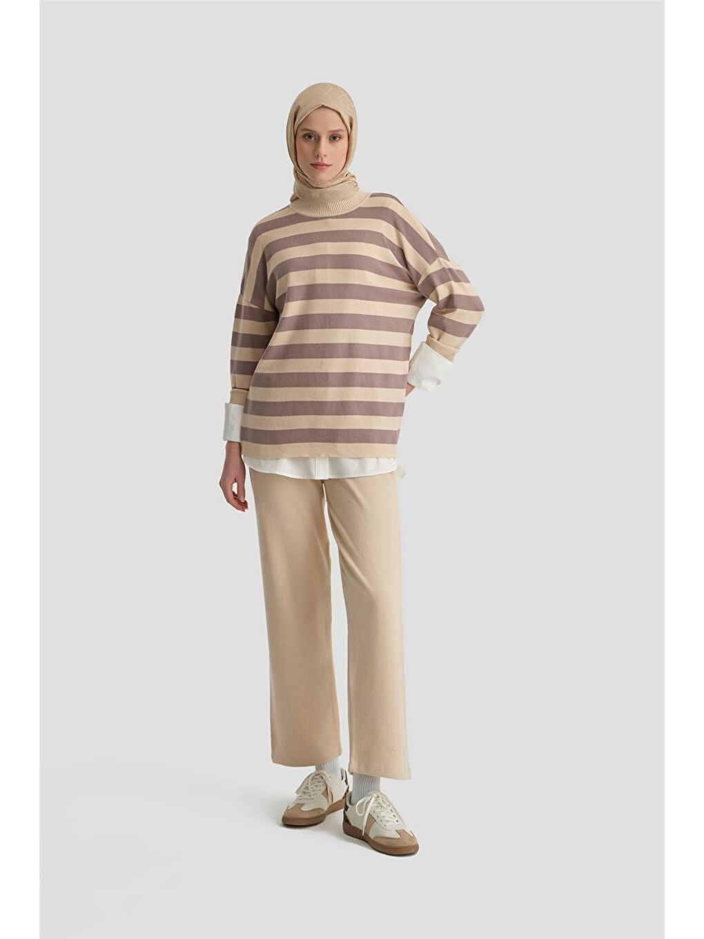 Çizgili Triko Takım 24Kd4213 Bej-1