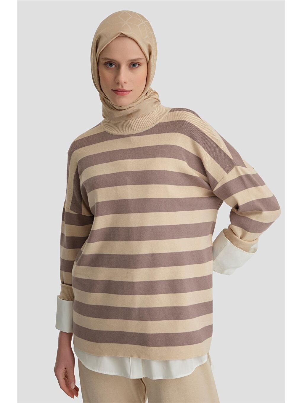 Çizgili Triko Takım 24Kd4213 Bej-2