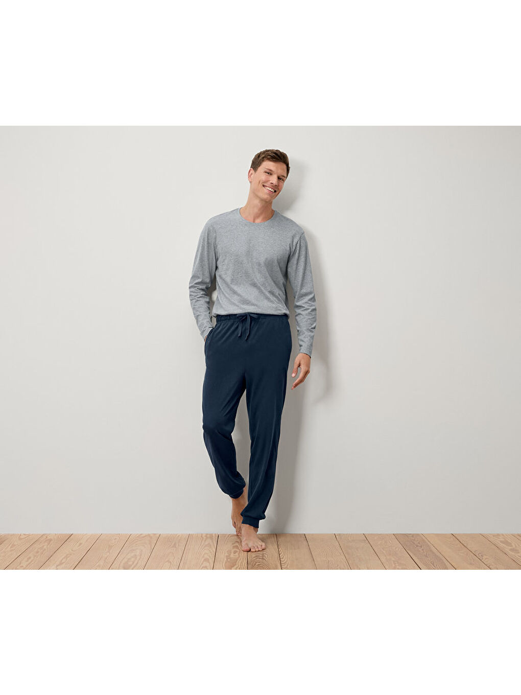 Erkek Pijama Takımı, Manşetli, Gri