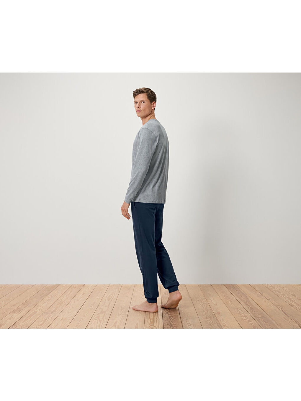 Erkek Pijama Takımı, Manşetli, Gri-1