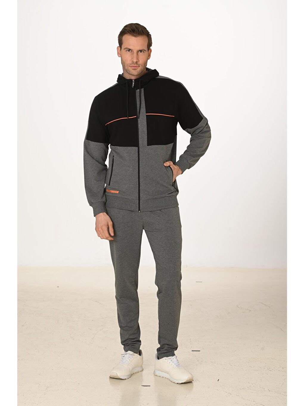Erkek Pamuklu Tam Fermuarlı Kapüşonlu Eşofman Takımı Antrasit M. 5287-A