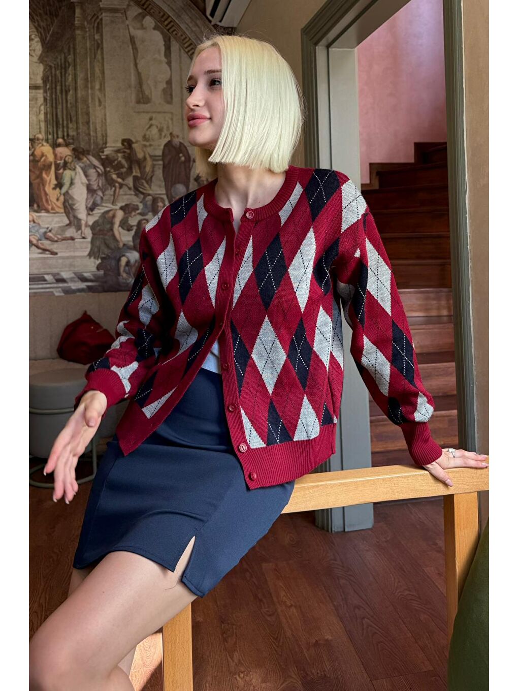 Bordo Baklava Desenli Bisiklet Yaka Kadın Hırka Mg2496-1