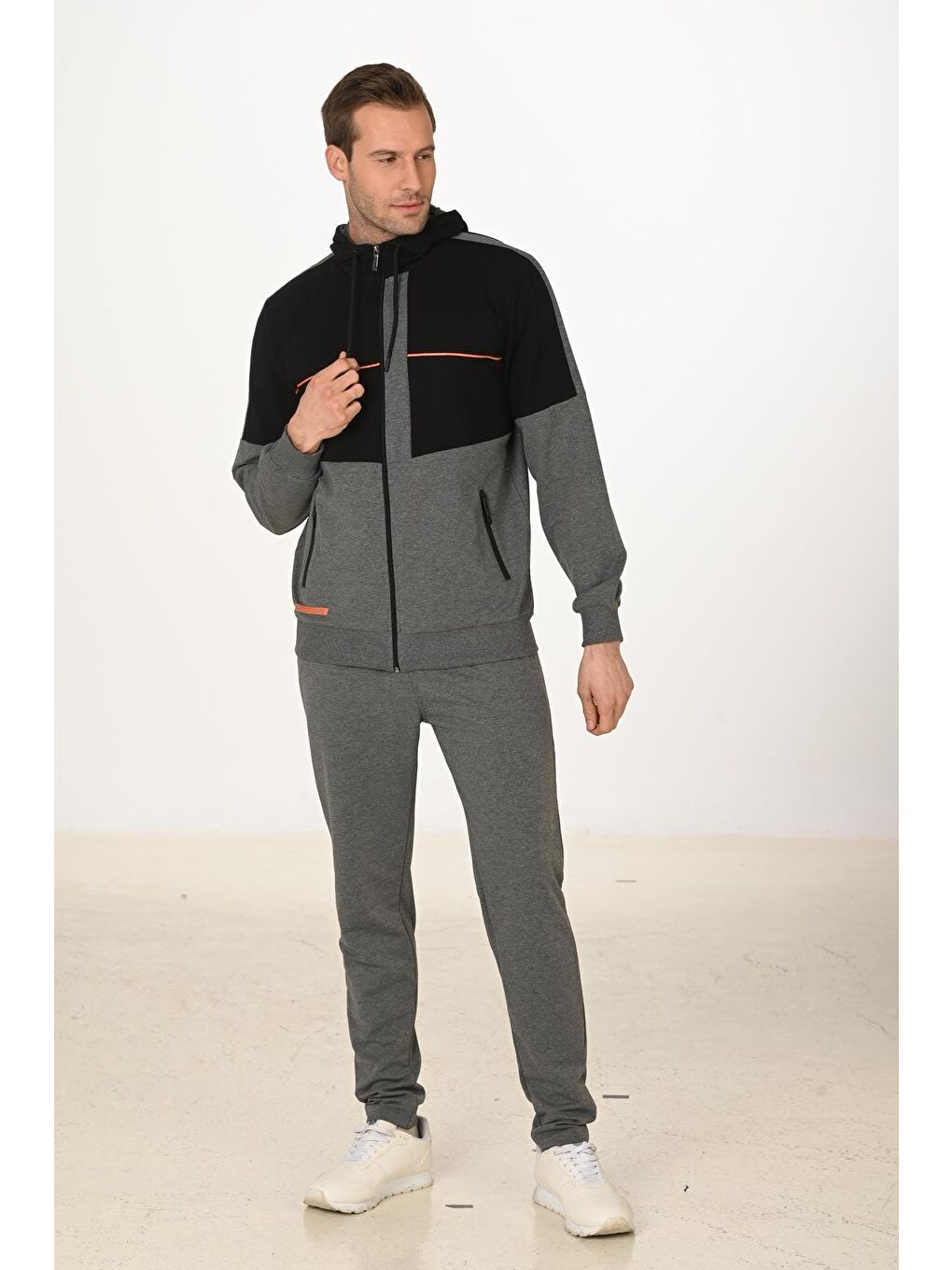 Erkek Pamuklu Tam Fermuarlı Kapüşonlu Eşofman Takımı Antrasit M. 5287-A-1