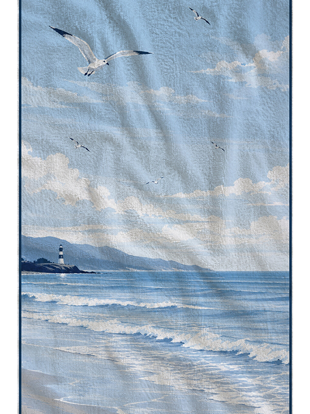 Minimal Sakin Mavi Deniz Ufku Martı Ve Dalga Desenli 70x150 Plaj Havlusu - Pamuklu Banyo Havlusu-1