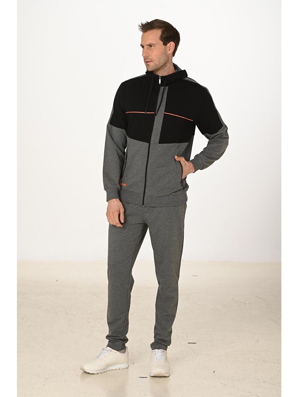 Erkek Pamuklu Tam Fermuarlı Kapüşonlu Eşofman Takımı Antrasit M. 5287-A-2