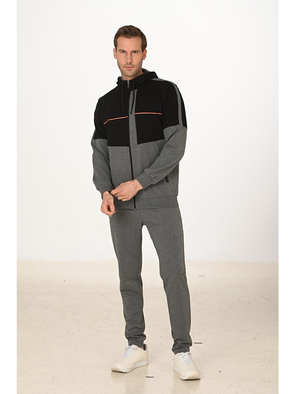 Erkek Pamuklu Tam Fermuarlı Kapüşonlu Eşofman Takımı Antrasit M. 5287-A-3