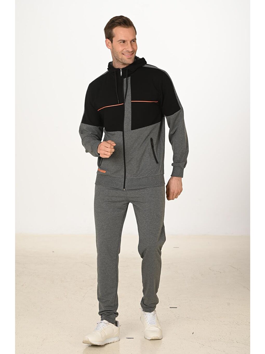 Erkek Pamuklu Tam Fermuarlı Kapüşonlu Eşofman Takımı Antrasit M. 5287-A-4