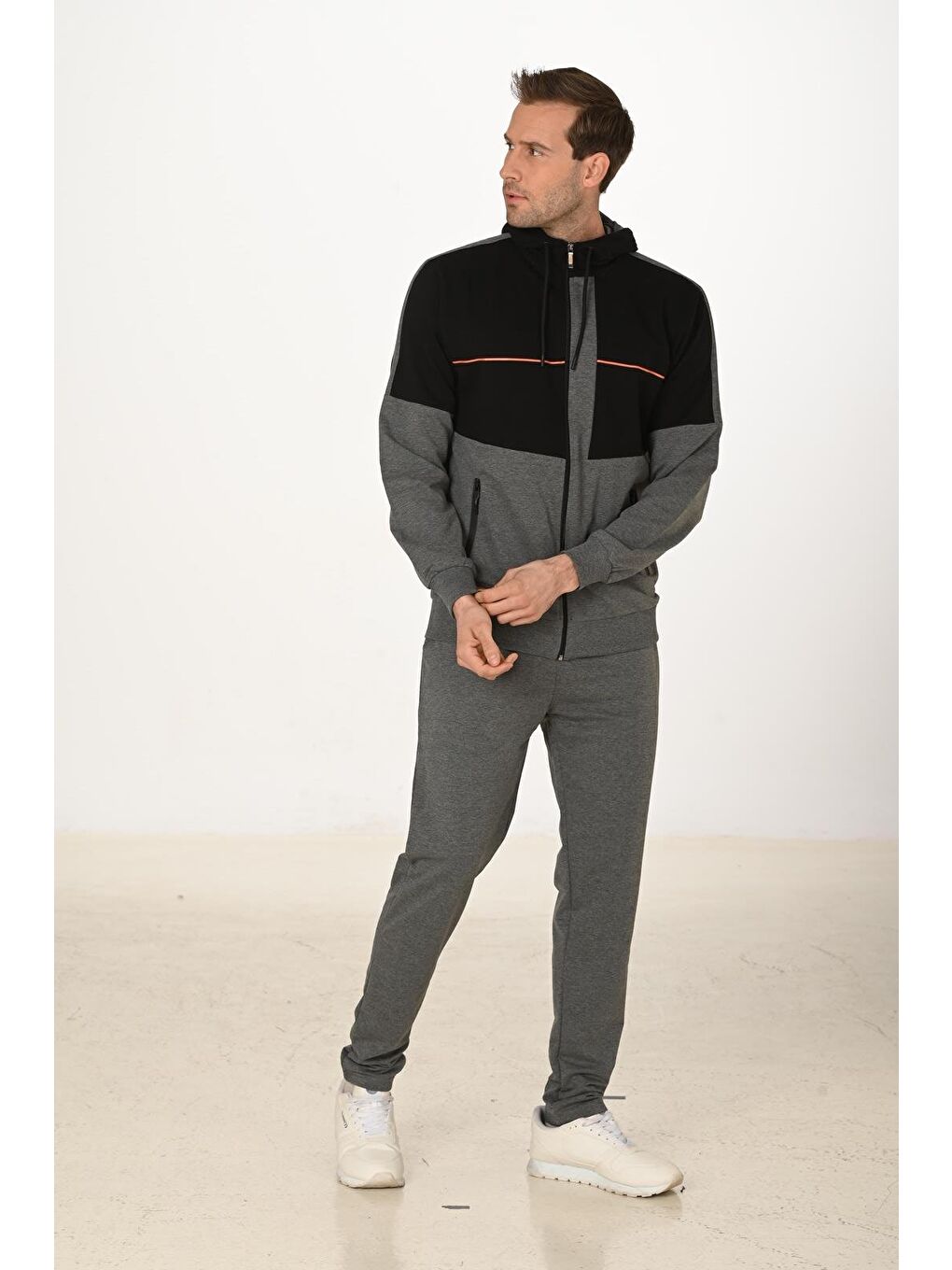 Erkek Pamuklu Tam Fermuarlı Kapüşonlu Eşofman Takımı Antrasit M. 5287-A-5