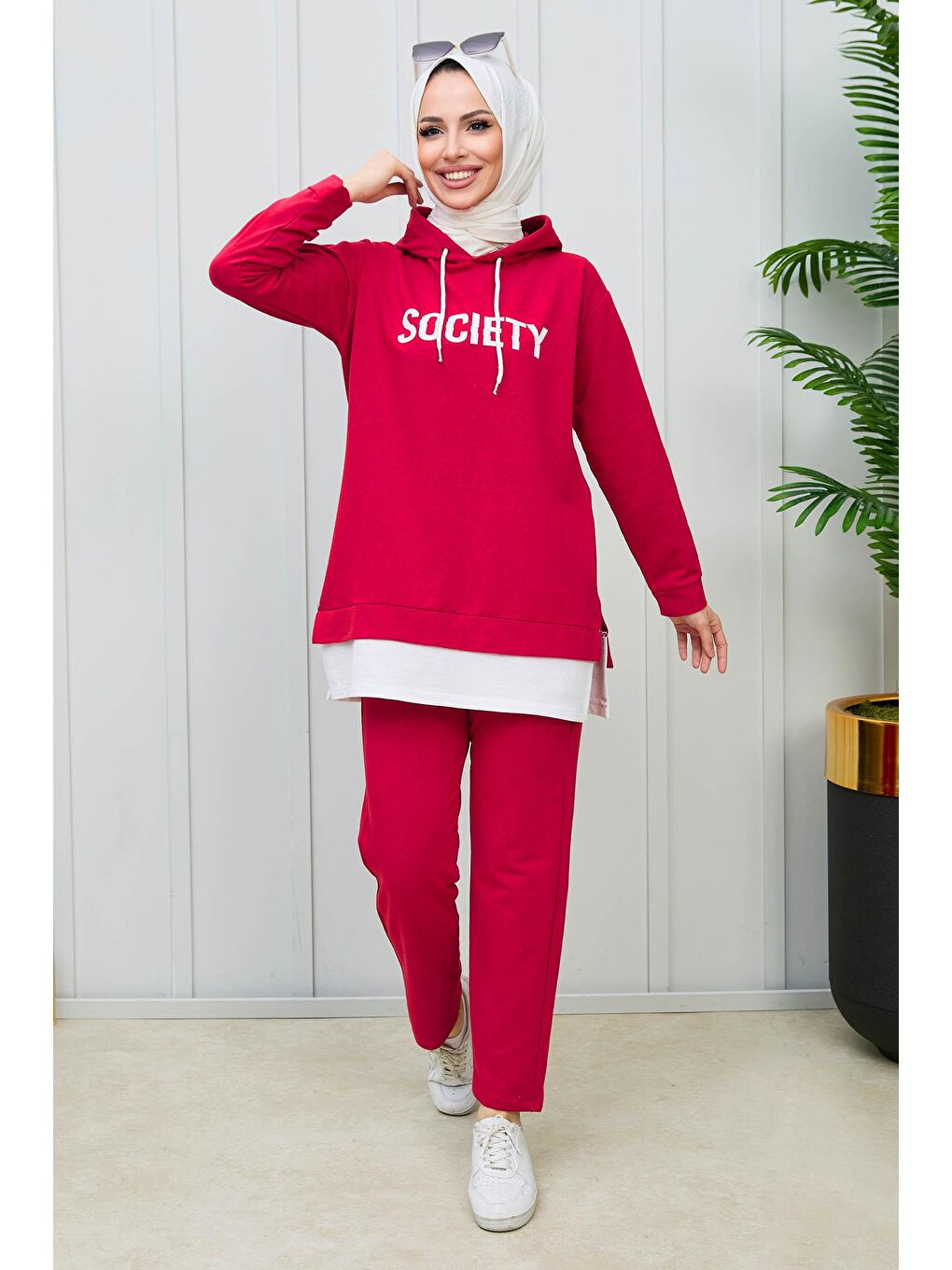 Orta Kadın Kırmızı Tunık Pantolon - 3553-1