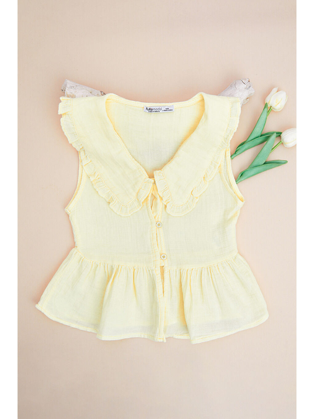 Sarı Fırfırlı Bebe Yaka Müslin Kumaş Kız Çocuk Gömlek-3