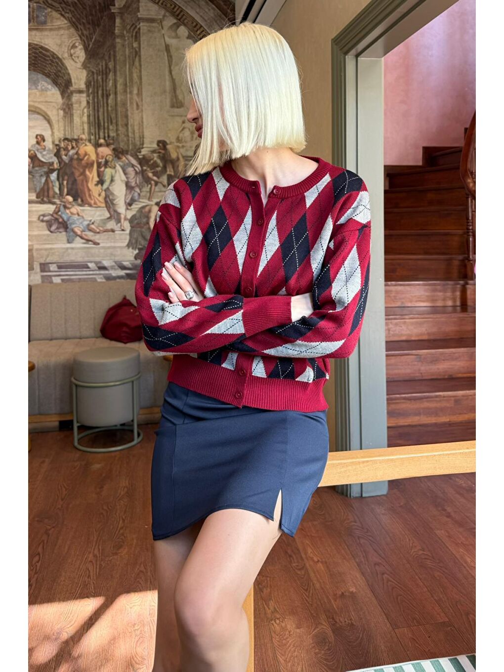 Bordo Baklava Desenli Bisiklet Yaka Kadın Hırka Mg2496-3